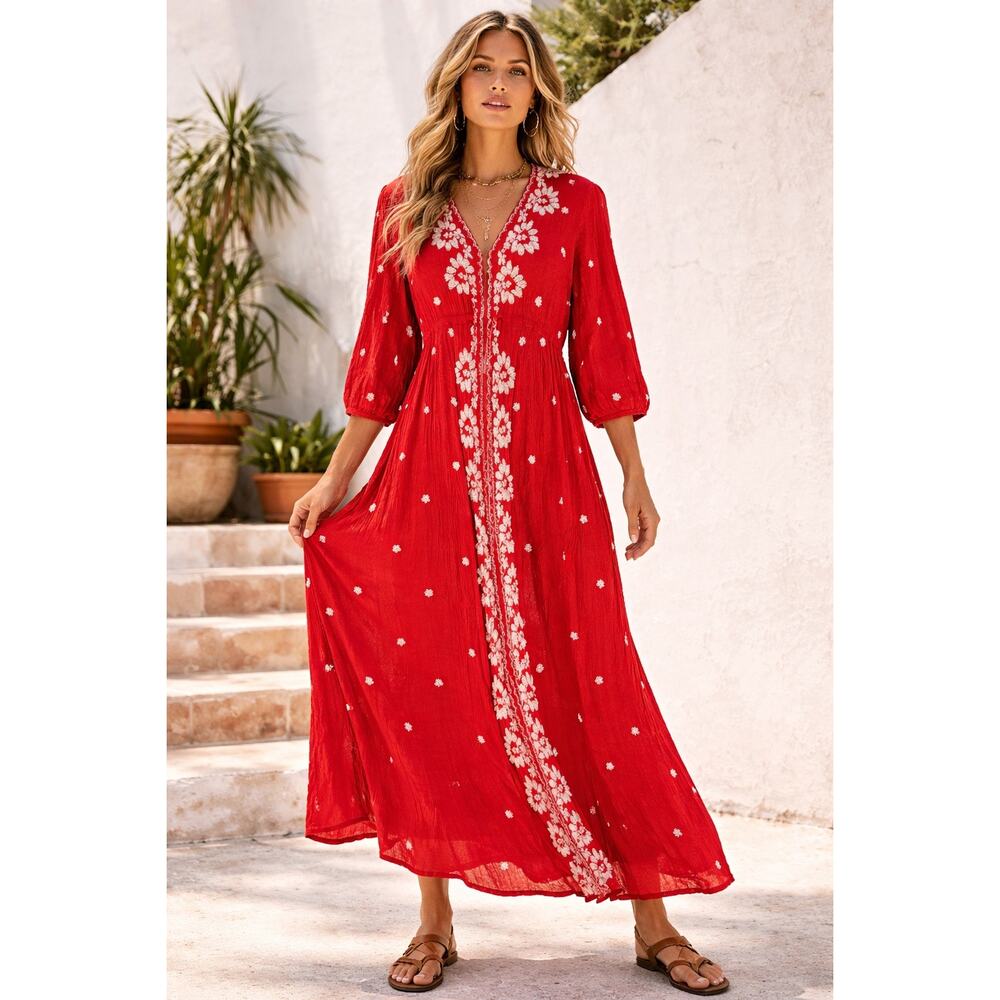 Free People Red Embroidered Boho Maxi Dress XS